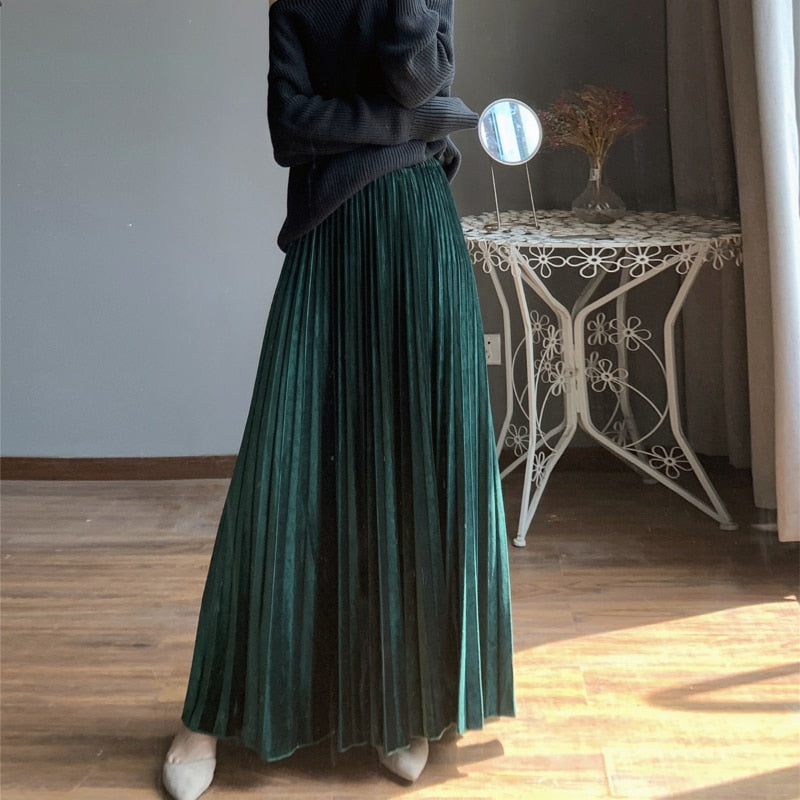 Velvet Maxi Long Pleated Skirt