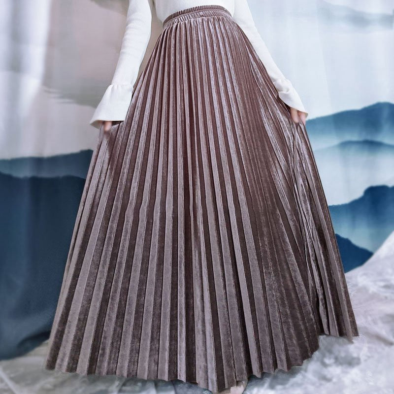 Velvet Maxi Long Pleated Skirt