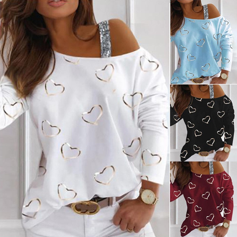 Loose Off Shoulder Sequined Print Shirt