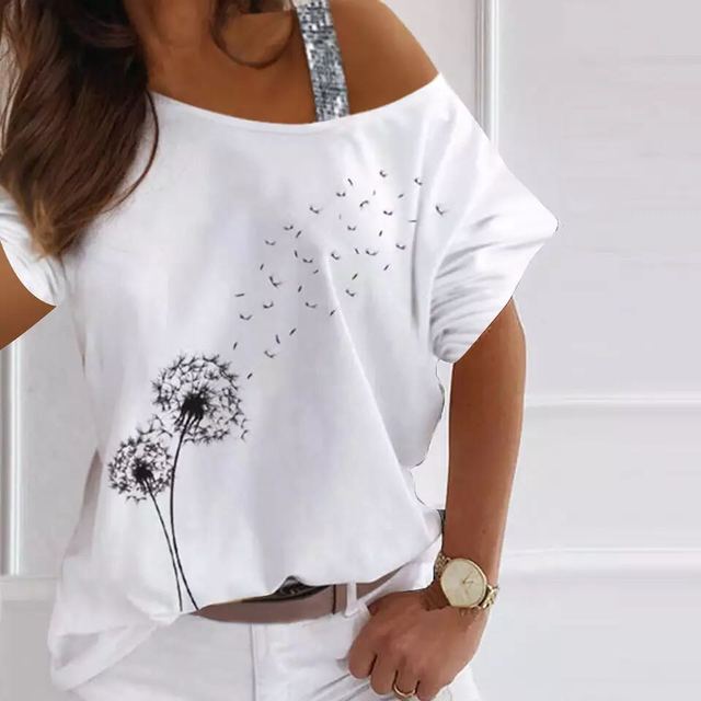 Loose Off Shoulder Sequined Print Shirt