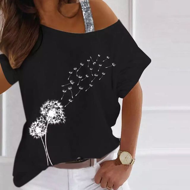 Loose Off Shoulder Sequined Print Shirt