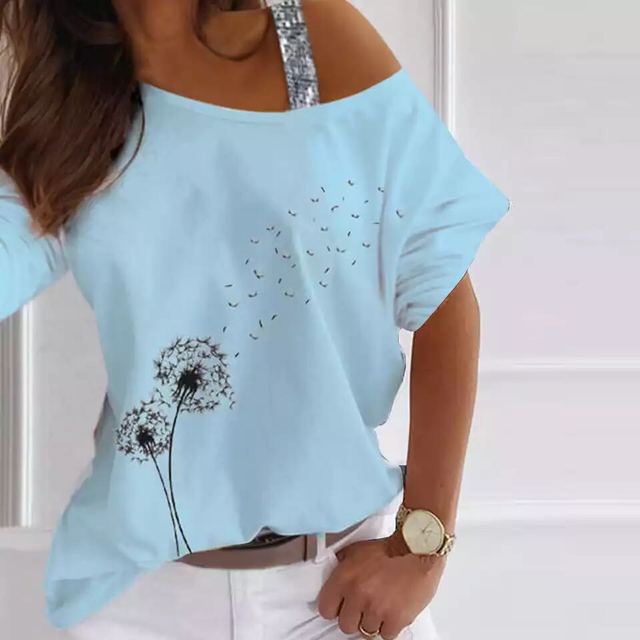 Loose Off Shoulder Sequined Print Shirt