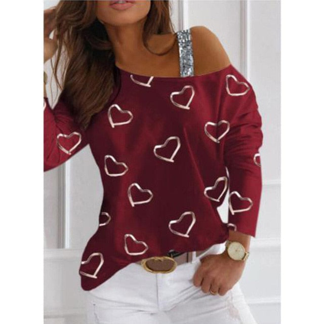 Loose Off Shoulder Sequined Print Shirt