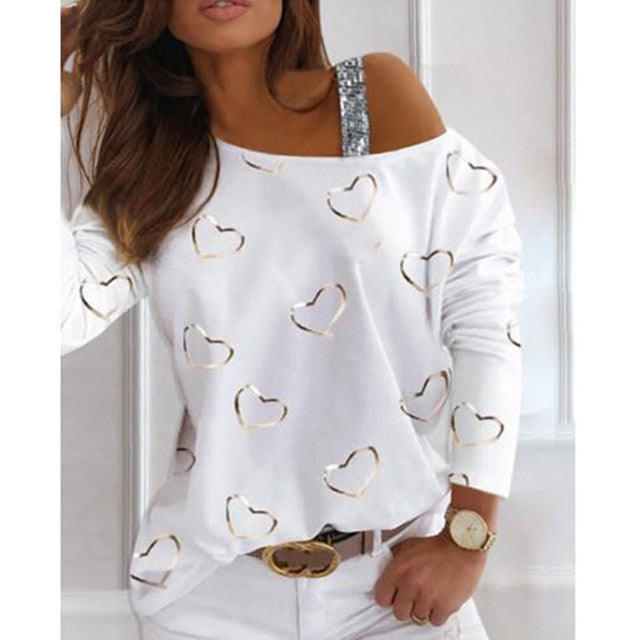 Loose Off Shoulder Sequined Print Shirt