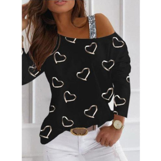 Loose Off Shoulder Sequined Print Shirt