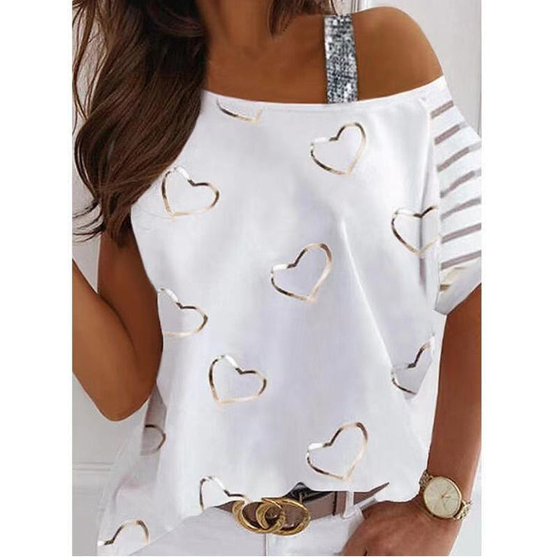 Loose Off Shoulder Sequined Print Shirt