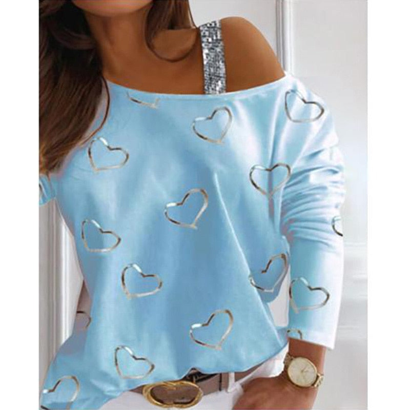 Loose Off Shoulder Sequined Print Shirt