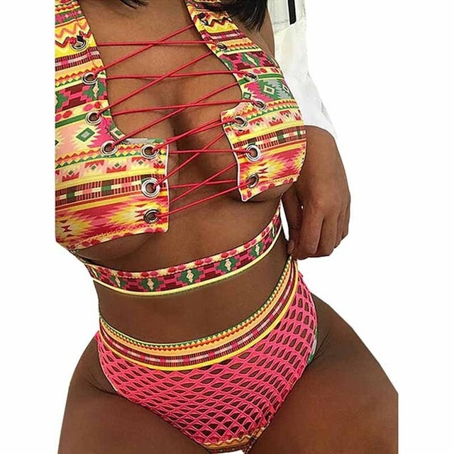 African Print Thong Lace Up Swimwear