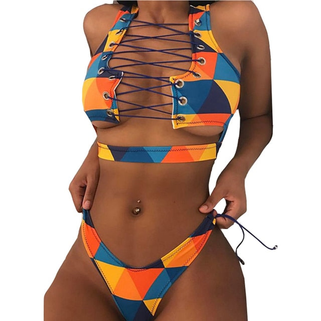 African Print Thong Lace Up Swimwear