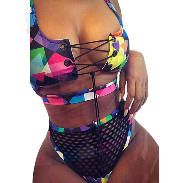 African Print Thong Lace Up Swimwear