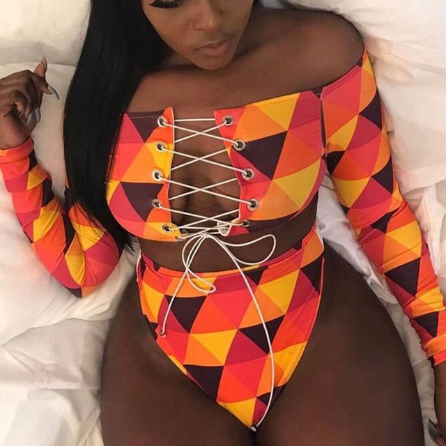 African Print Thong Lace Up Swimwear