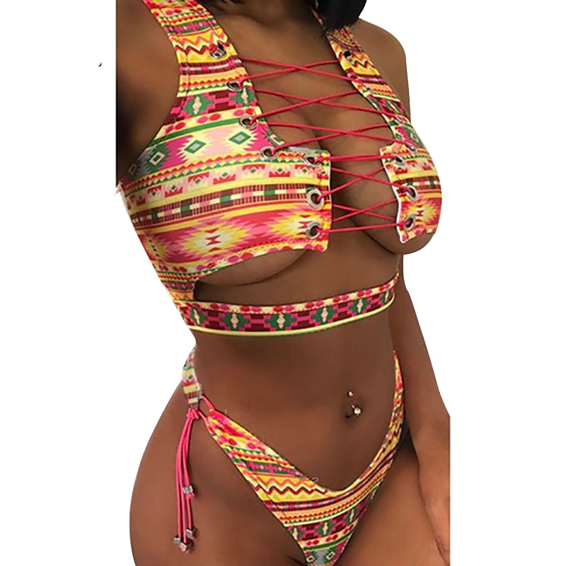 African Print Thong Lace Up Swimwear