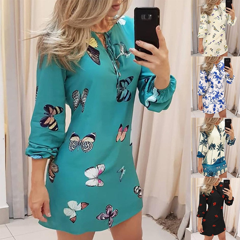 Casual Print Long Sleeve Mini Dress