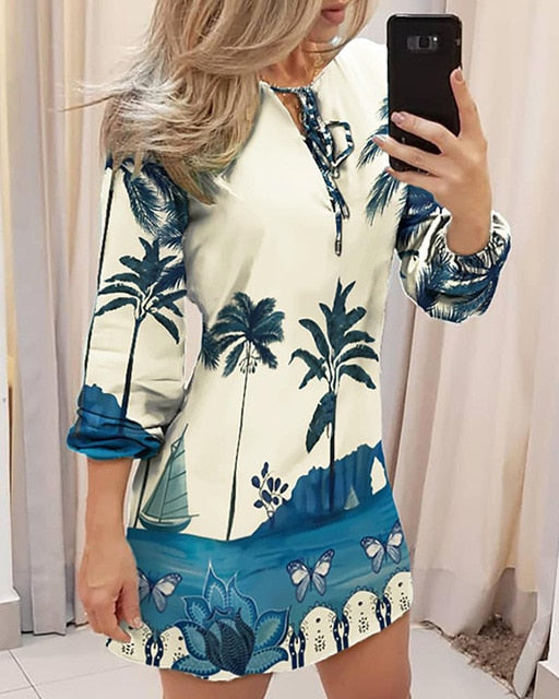 Casual Print Long Sleeve Mini Dress