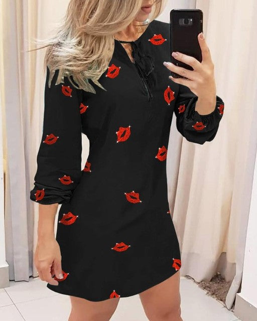 Casual Print Long Sleeve Mini Dress