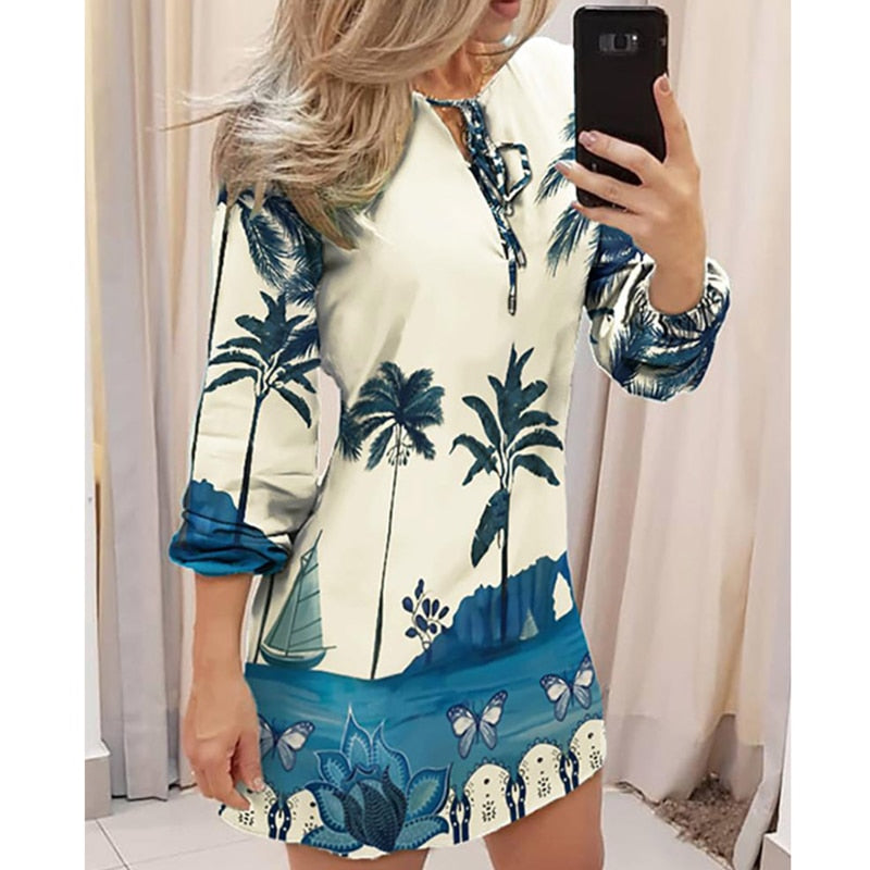 Casual Print Long Sleeve Mini Dress