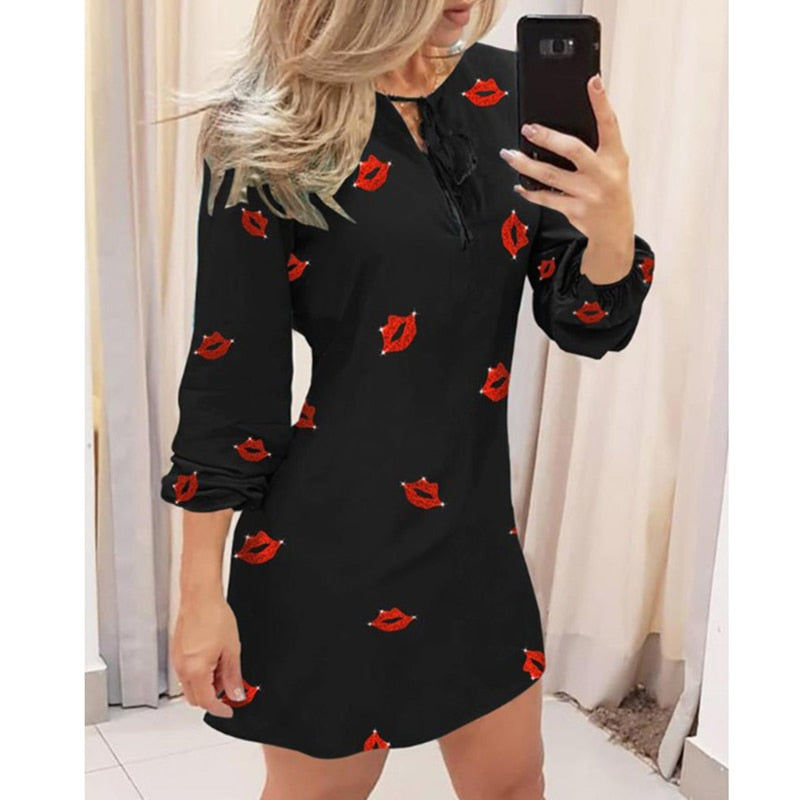 Casual Print Long Sleeve Mini Dress