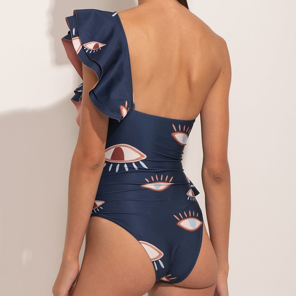 Blue One-Shoulder Ruffled Eye-Print Swimsuit