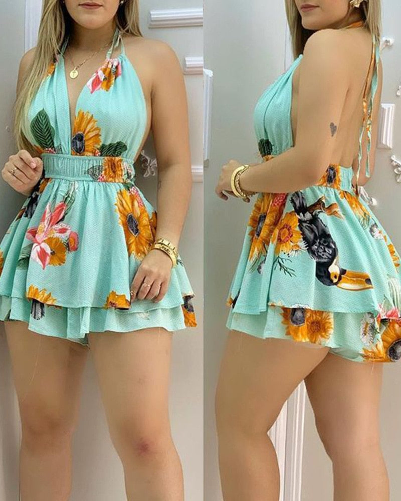 Deep V Neck Sleeveless High Waist Romper