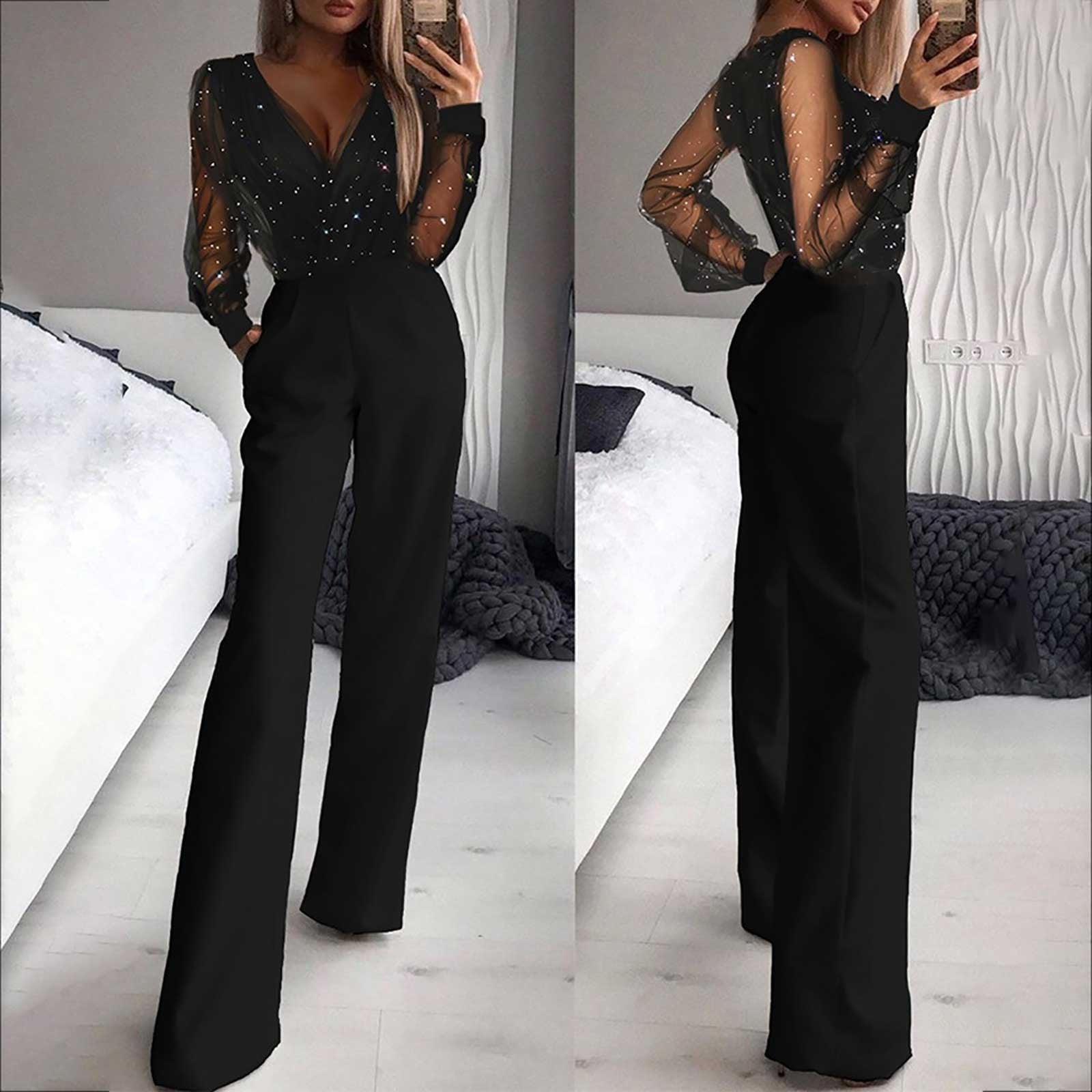 Black V-Neck Mesh Sequins Long Sleeve Jumpsuit