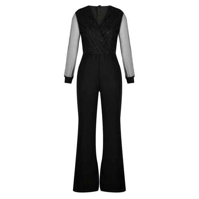 Black V-Neck Mesh Sequins Long Sleeve Jumpsuit