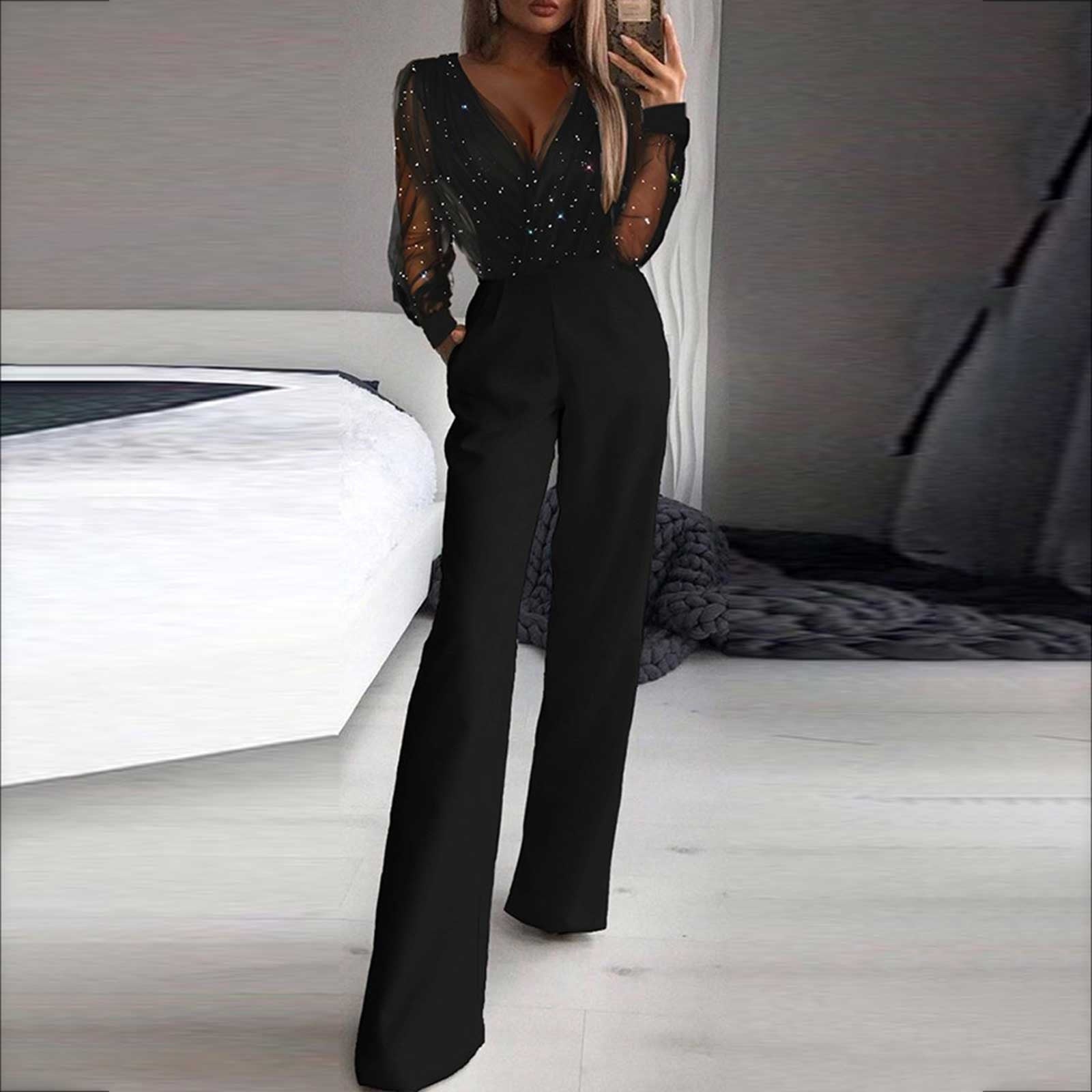 Black V-Neck Mesh Sequins Long Sleeve Jumpsuit