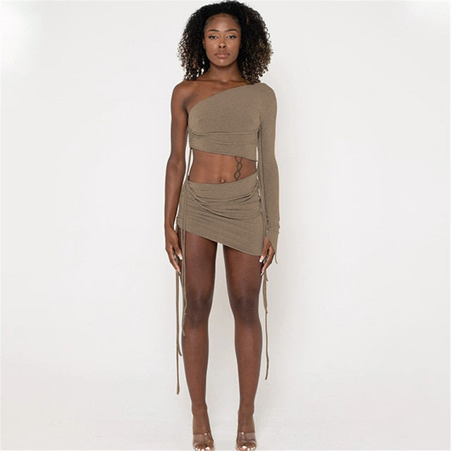 One Shoulder Drawstring & High Waist Skirt