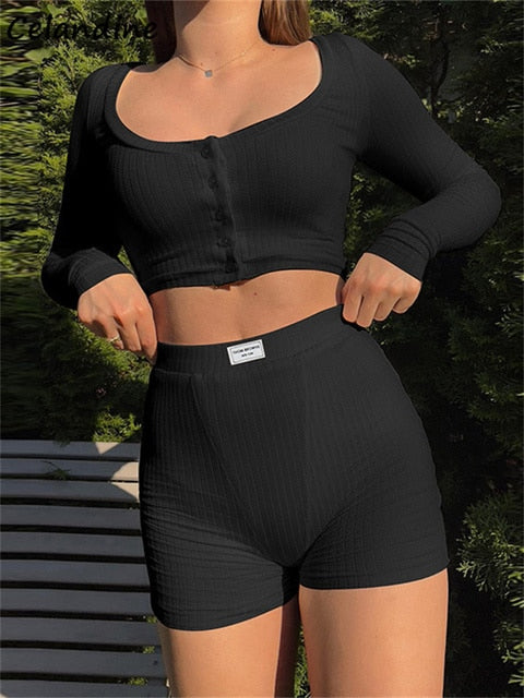 Two Piece Ribbed Button Long Sleeve Crop Top And Hight Waisted Shorts Suit