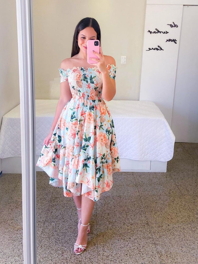 Off Shoulder Flower Print Dress