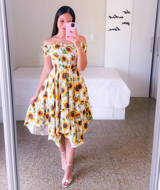 Off Shoulder Flower Print Dress