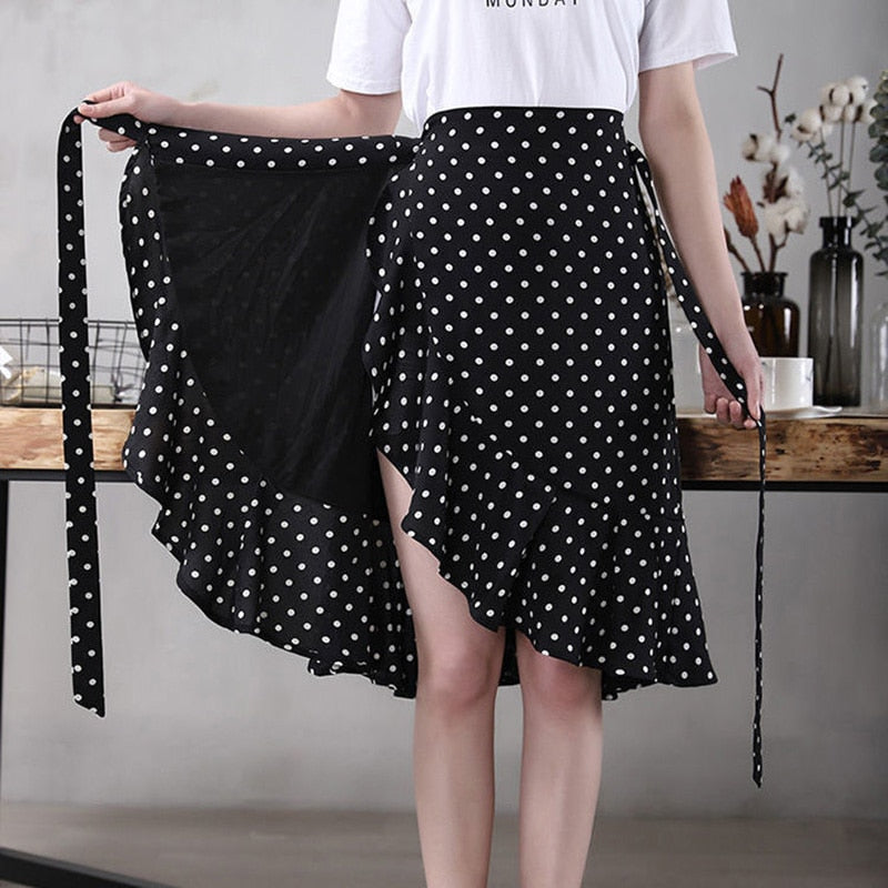 Elegant Ruffles Bandage Polka Dot Printed Skirt