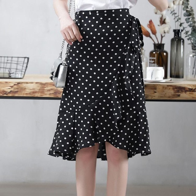 Elegant Ruffles Bandage Polka Dot Printed Skirt