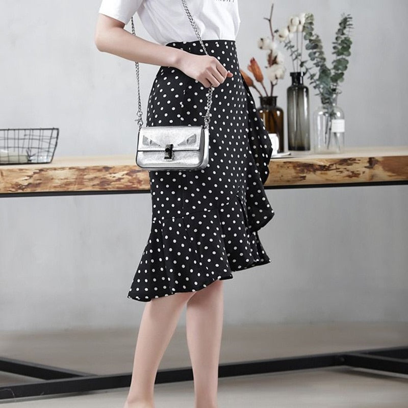 Elegant Ruffles Bandage Polka Dot Printed Skirt