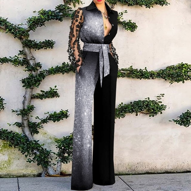 Deep V Lace Stitching Bell Bottoms Neck Ruffle Jumpsuit