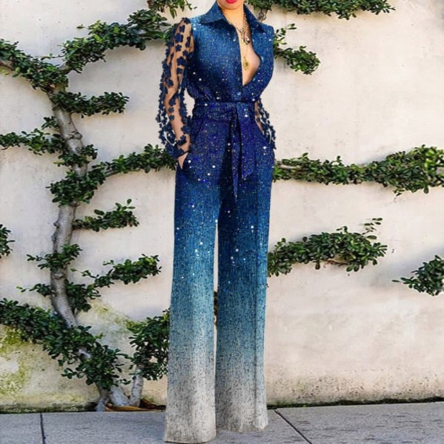 Deep V Lace Stitching Bell Bottoms Neck Ruffle Jumpsuit