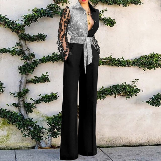 Deep V Lace Stitching Bell Bottoms Neck Ruffle Jumpsuit