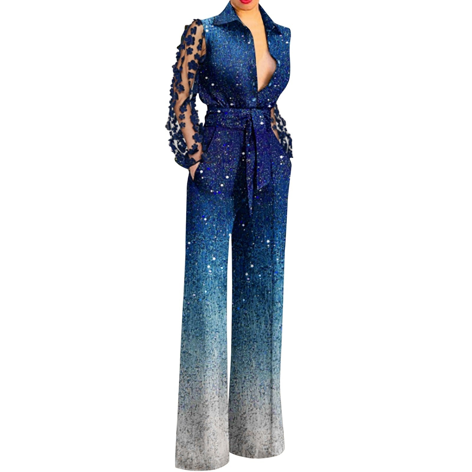 Deep V Lace Stitching Bell Bottoms Neck Ruffle Jumpsuit