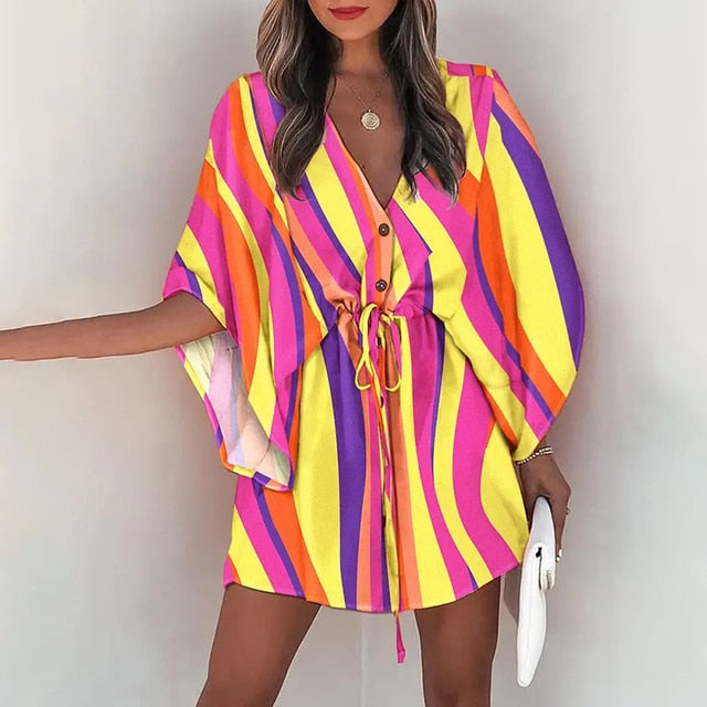 Casual V-Neck  Loose Boho Mini Dress