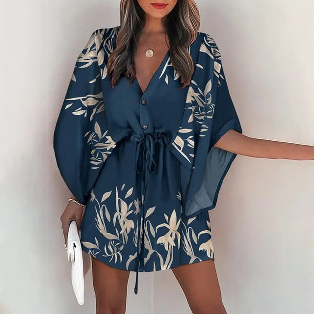 Casual V-Neck  Loose Boho Mini Dress