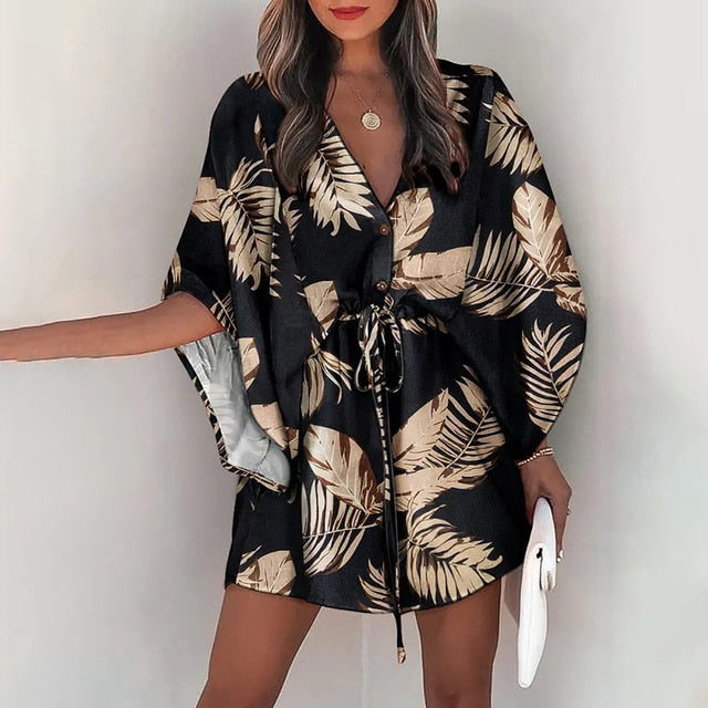 Casual V-Neck  Loose Boho Mini Dress