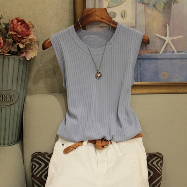 Sleeveless Blouse Women O-neck Knitted Blouse