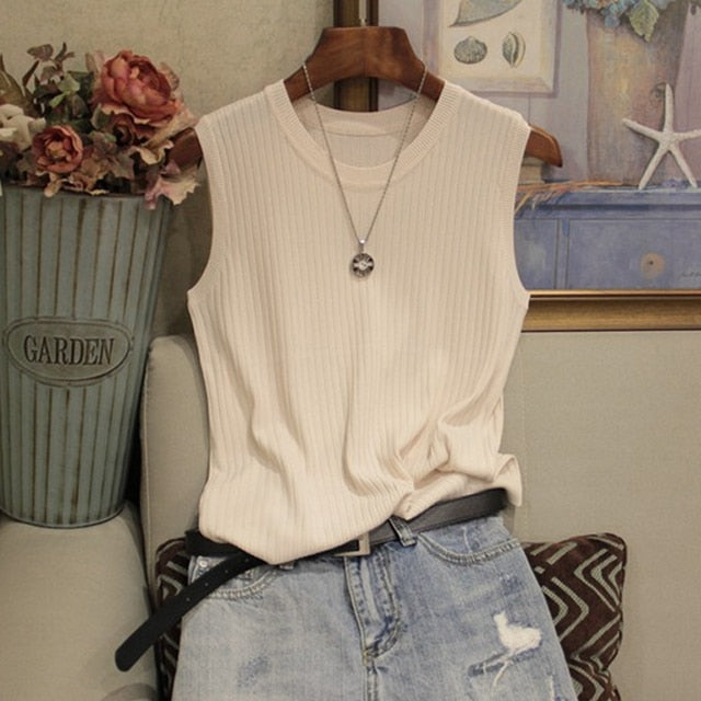 Sleeveless Blouse Women O-neck Knitted Blouse