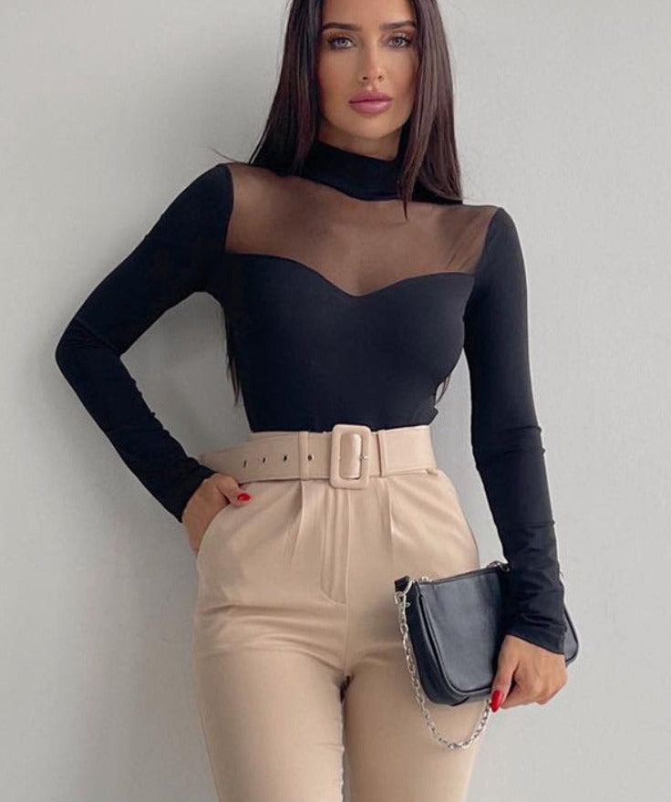 Mesh Stitching Long-sleeved Bodysuit