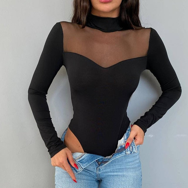 Mesh Stitching Long-sleeved Bodysuit