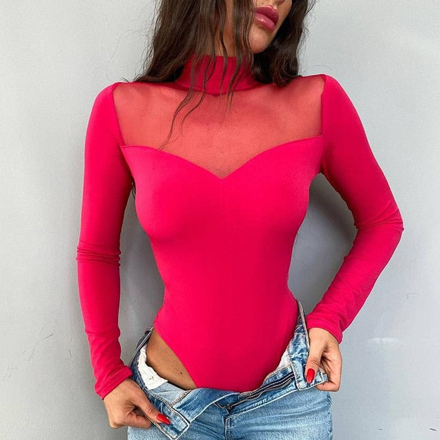 Mesh Stitching Long-sleeved Bodysuit