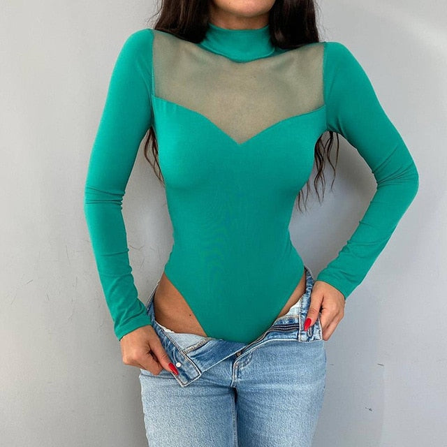 Mesh Stitching Long-sleeved Bodysuit
