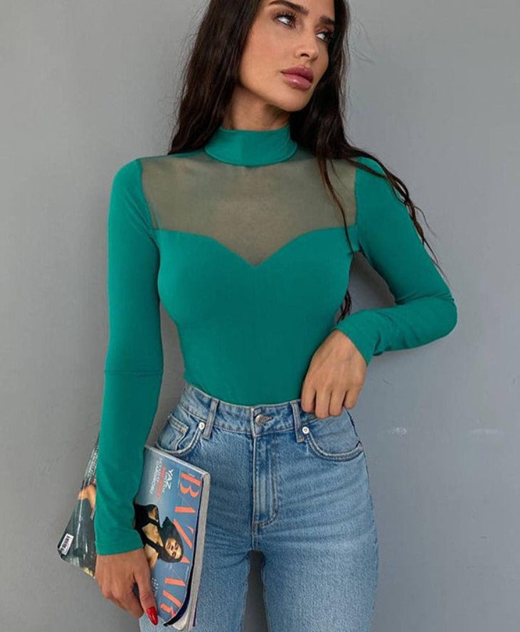 Mesh Stitching Long-sleeved Bodysuit