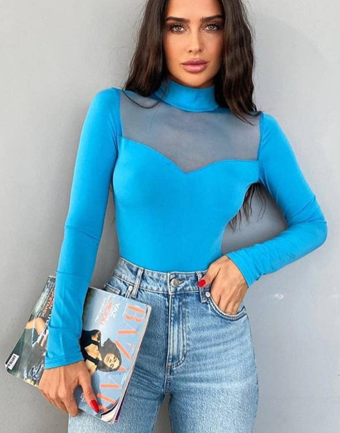 Mesh Stitching Long-sleeved Bodysuit