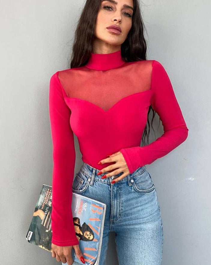Mesh Stitching Long-sleeved Bodysuit