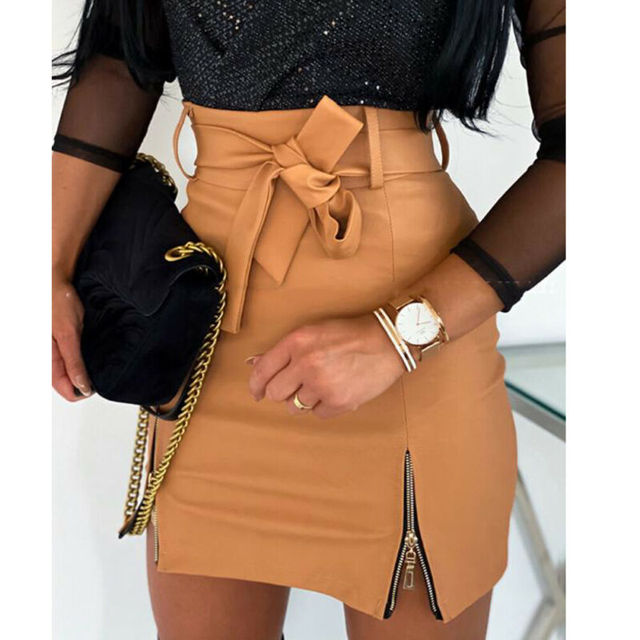 High Waist Split Leather Skirt